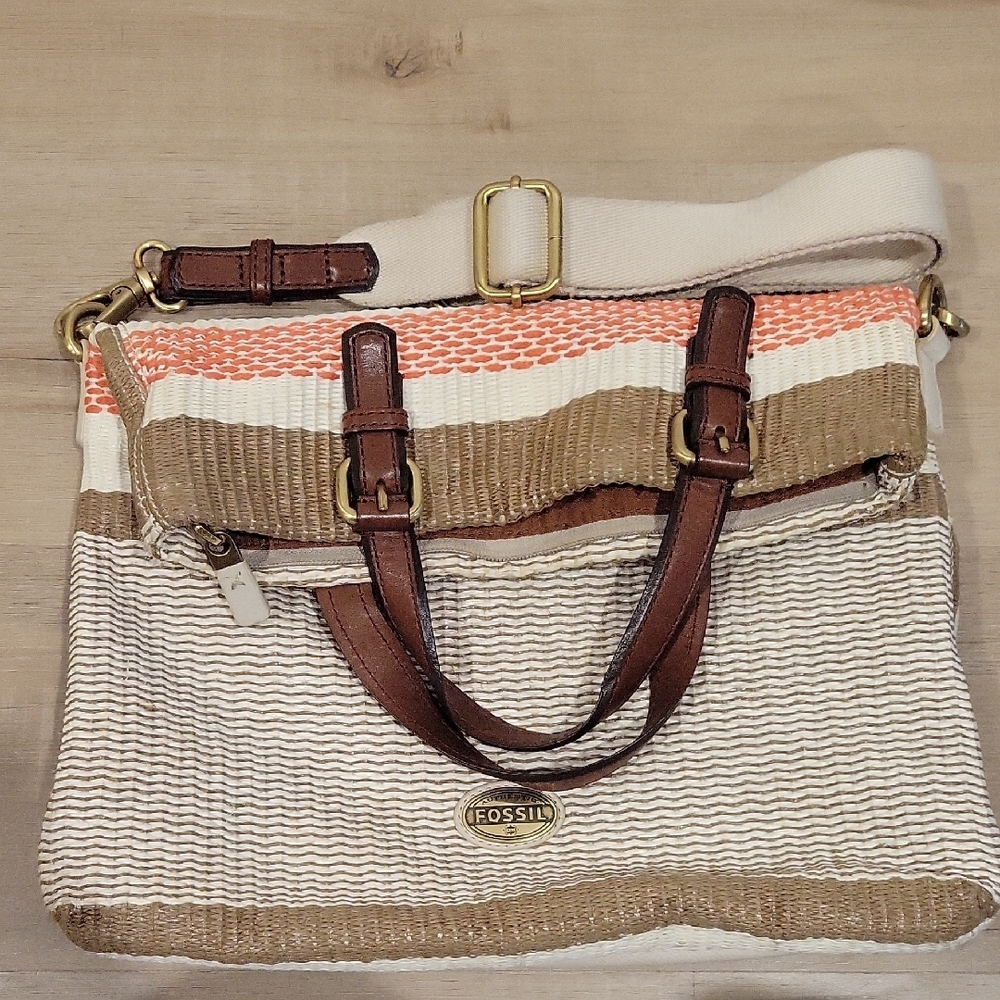 Fossil Tan, Cream & Coral Woven Tote with Brown Leather Trim - Picture 11 of 12